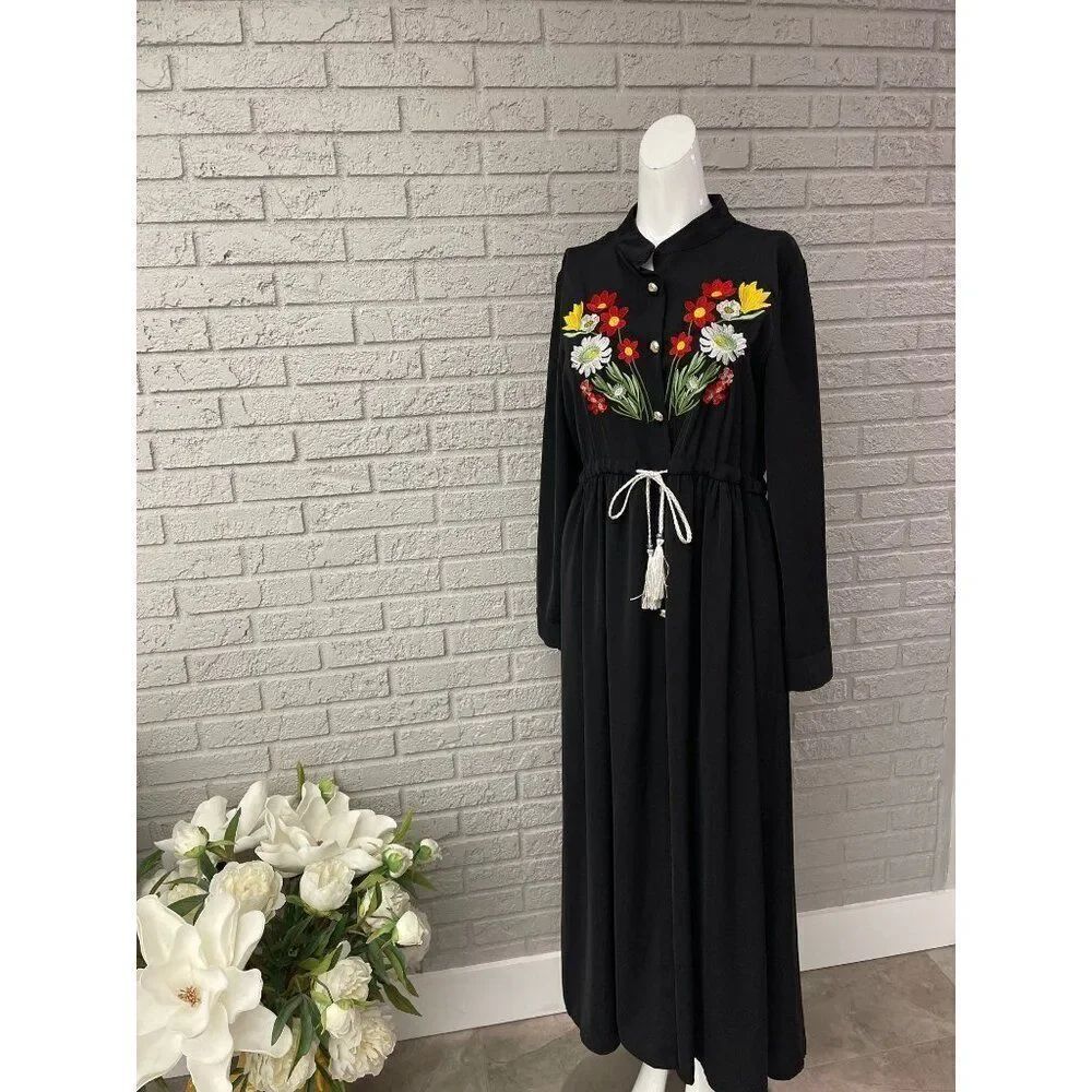 Dorado Women Black Long Sleeve Embroidered Floral Boho Maxi Dress Size L
